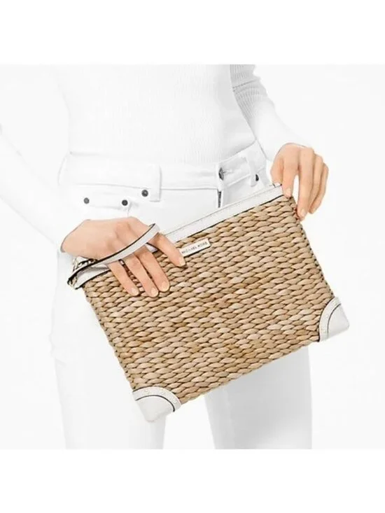 Michael Kors Women's Watermelon Raffia Malibu Straw XL Clutch Zip Wristlet 3304 - Picture 2 of 14